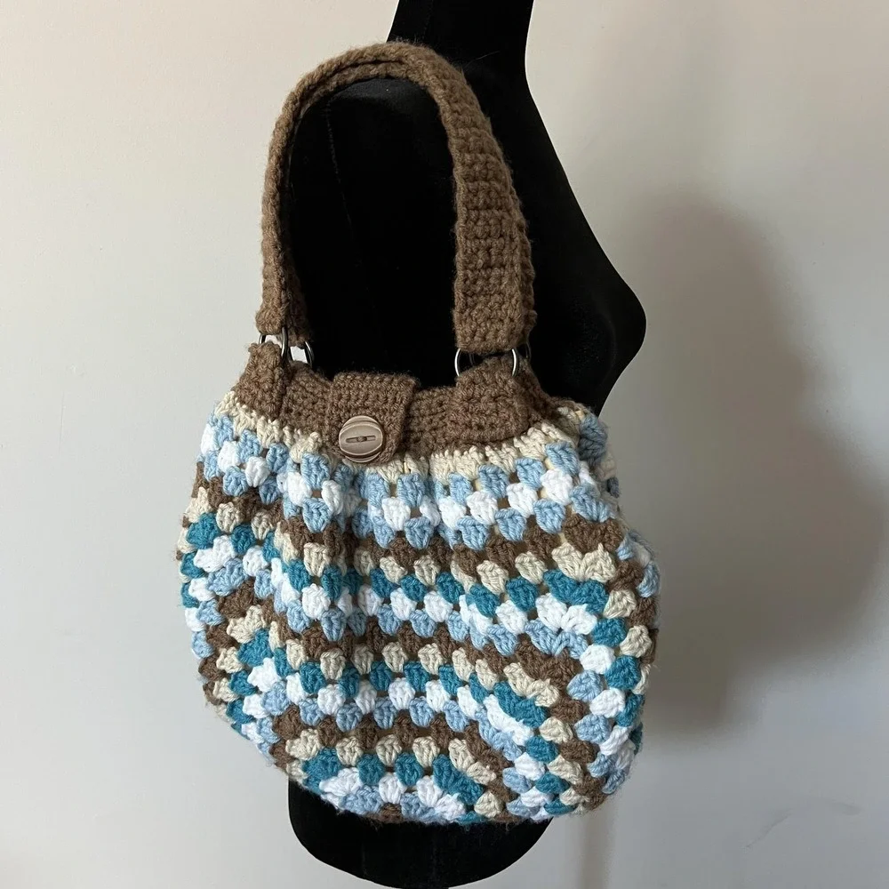 Crochet Shoulder Bag Womens Medium Multicolor Boho Lined Button Purse Handbag